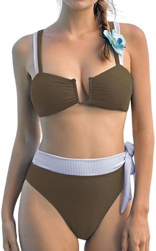 ZAFUL Women's High Waisted Bikini Sets Color Block Two Piece Swimsuit Tummy Control Bathing Suit Swimwear M