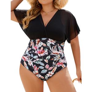 Blooming Jelly Women's Plus Size Swimsuit One Piece Bathing Suit Tummy Control Mesh V Neck Maternity Swimwear (4X-Large, Black Floral Print)