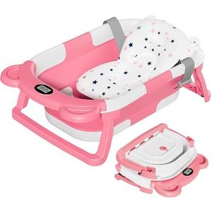 TPN Collapsible Baby Bathtub, Baby Bath Tub with Soft Cushion & Real-Time Thermometer, Baby Bathtub Infant to Toddler Tub (0-36 Months), Portable Travel Baby Tubs for Newborns (Pink)