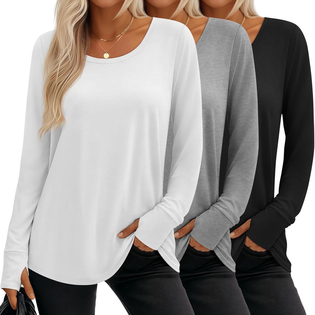 3 Pack Women's Long Sleeve Tunic Tops with Thumb Holes Cotton Scoop Neck T-Shirts Casual Loose Basic Tee Blouses (XX-Large, Black, White, Gray)