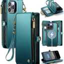 Defencase for iPhone 16 Pro Magnetic Wallet Case Compatible with Magsafe with RFID Blocking Zipper Strap Card Holder for Women Men PU Leather Detachable Case for iPhone 16 Pro (6.3 inches), Blue Green