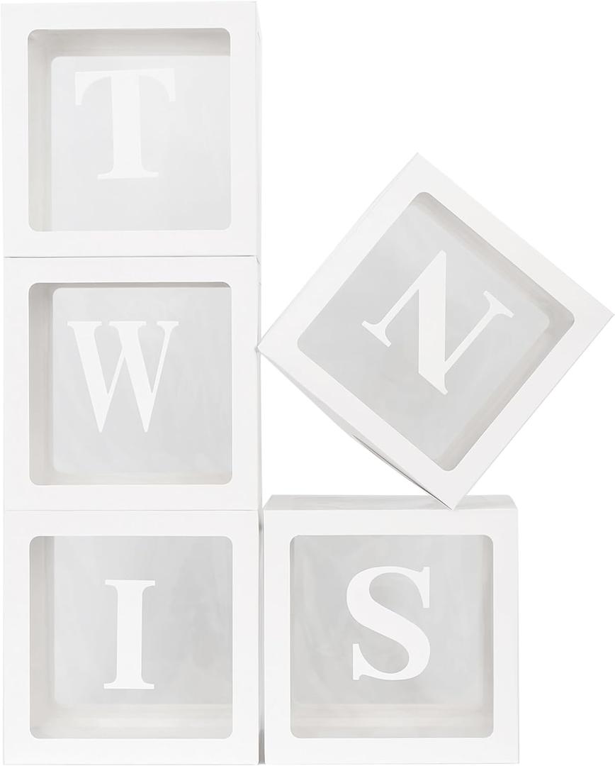 White TWINS Balloons Boxes with 5 PCS Clear Balloon Boxes and 5pcs Letters for Birthday Party Gender Reveal Decorations