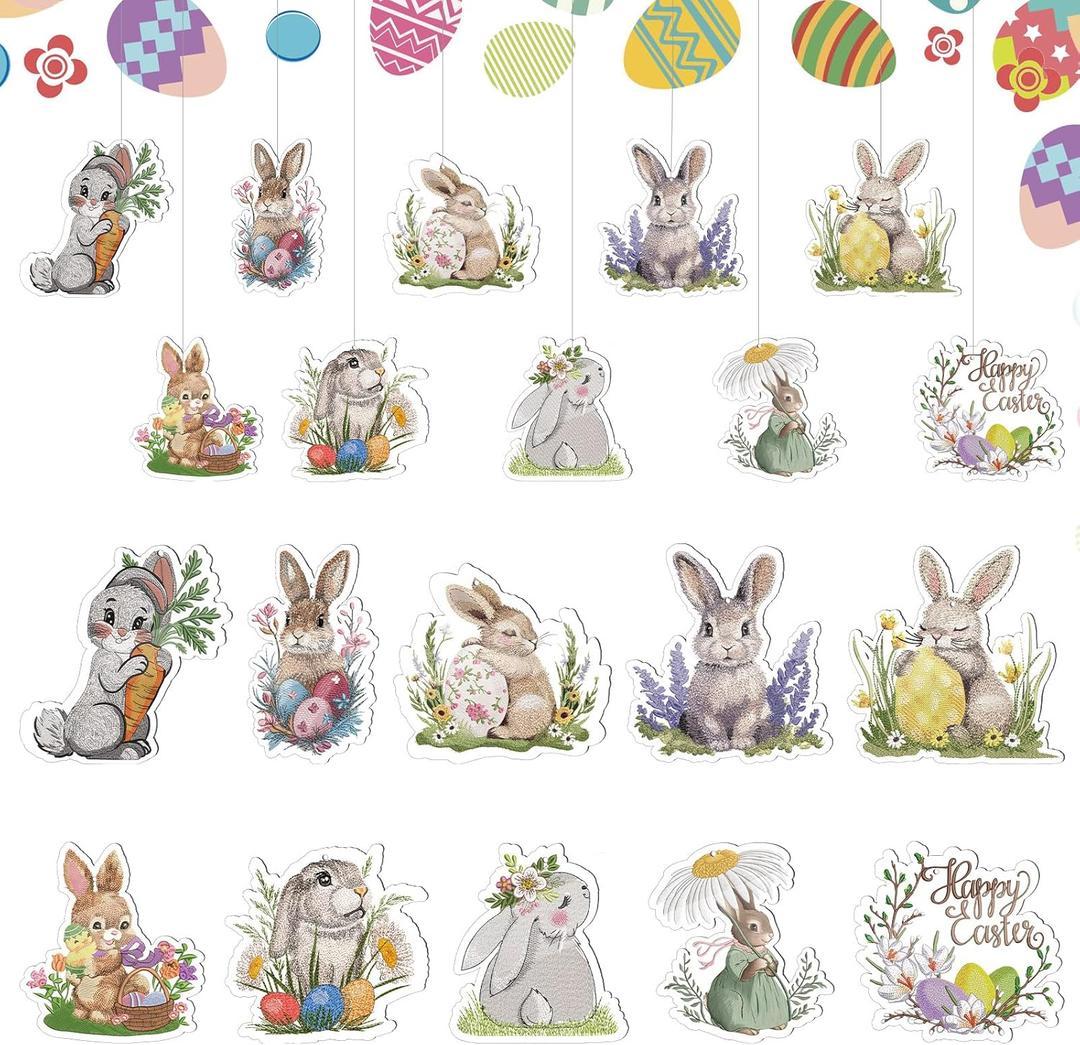 Amyhill 30 Pcs Easter Bunny Ornaments Set Acrylic Happy Easter Hanging Decoration Classic Bunny Egg Basket Spring Ornaments for Tree with Rope for Crafts Holiday Party Favor Supplies