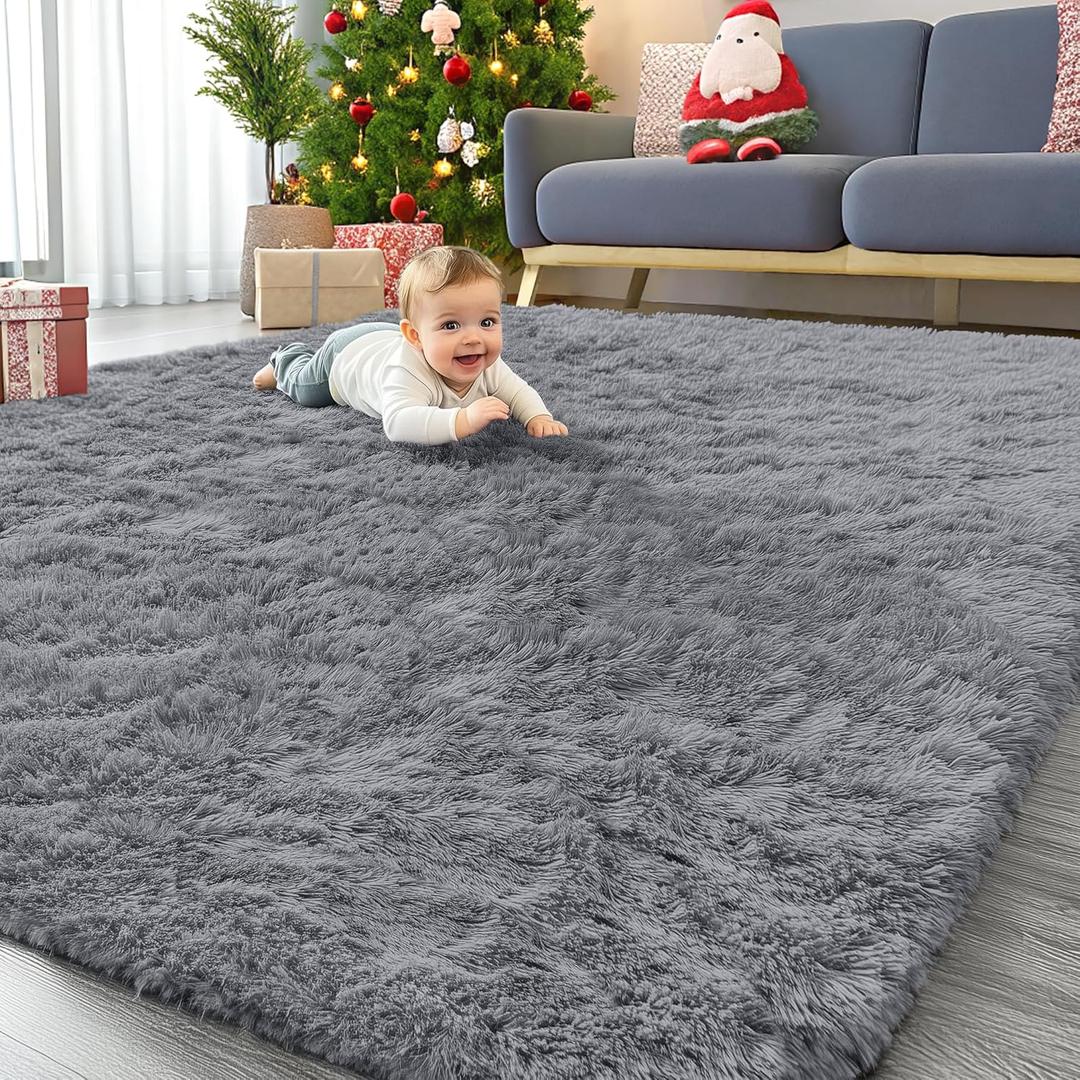 OLANLY 8x10 Machine Washable Large Area Rugs for Living Room, Bedroom, Soft Fluffy Shaggy Bedside Rug, Indoor Floor Carpet for Kids Girls and Boys, Dorms, Nursery, Home Decor Aesthetic, Light Grey