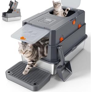 FURTIME Stainless Steel Litter Box with Lid, Large Enclosed Cat Litter Box for Big Cats, Metal Cat Box with High Sided Enclosure & Scoop, Front & Top Entry, Odor Free, Anti-Leakage, Grey X-large