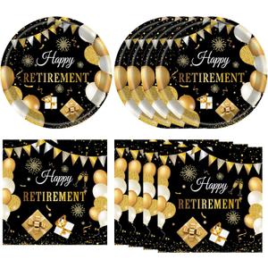 40PCS Retirement Decorations For Men Happy Retirement Decorations Plates Napkins Tableware Set Black and Golden Disposable Dinnerware Table Decoration Favors for Women Men