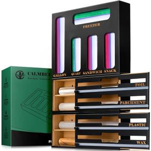 Calmbee Storage Bag Organizer and Wrap Dispenser with Cutter, 2024 New 9 IN 1 Bamboo Foil and Plastic Wrap Organizer for Kitchen Drawer (Black) (Large)