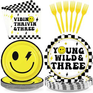 Grencian 96Pcs Young Wild and Three Birthday Party Supplies Yellow Smile Face Party Plates and Napkins Disposable Checkered Smile Face 3rd Tableware Set for Birthday Baby Shower Decorations Serves 24