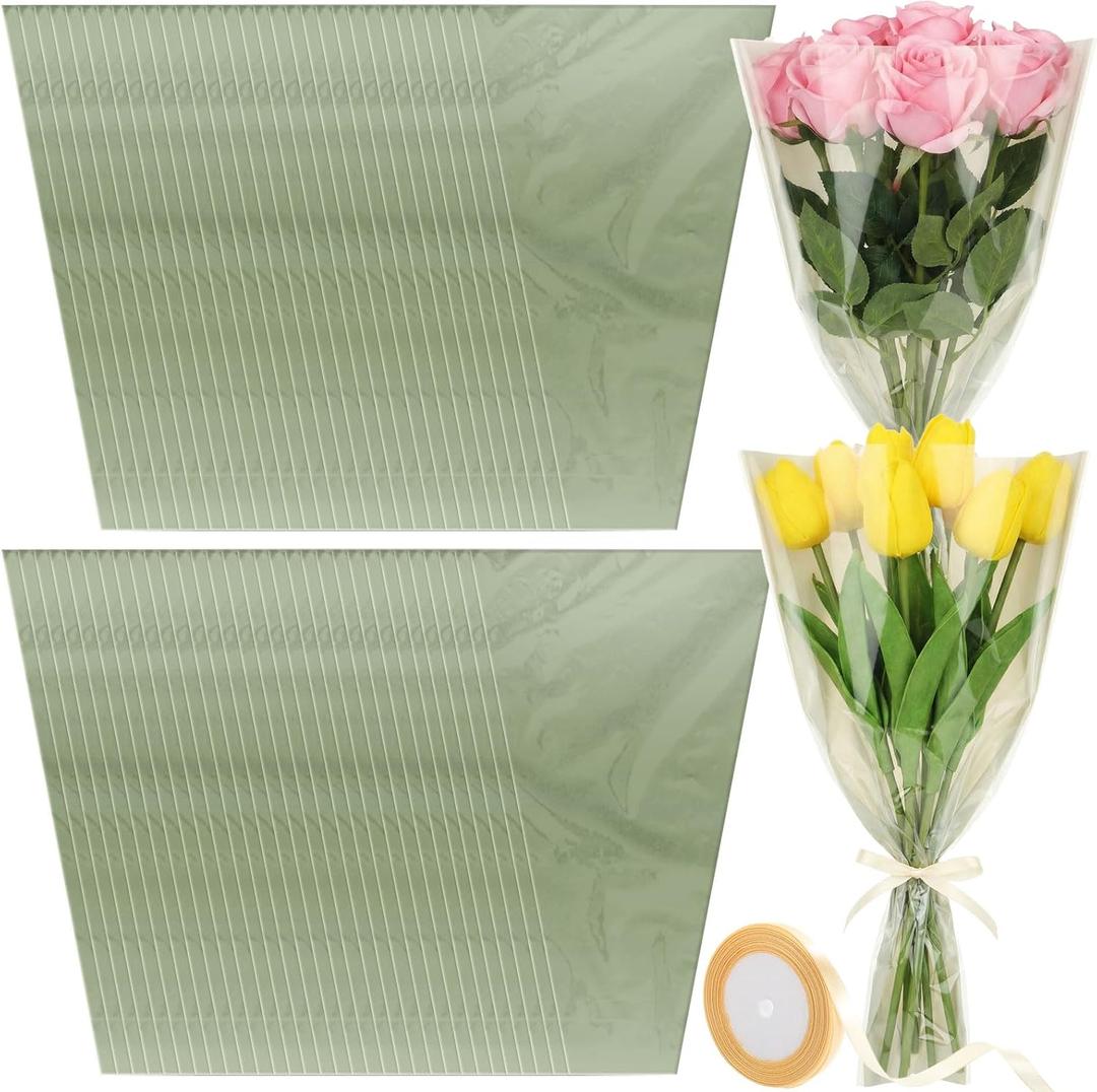 Jaloro 200 Pcs Green Flower Bags for Bouquets 17.7 x 11 Inch Mother's Day Large Plastic Flower Sleeves Bulk with Ribbon Florist Supplies for Wedding, Birthday, Spring Graduation Gift Wrapping, 1 count