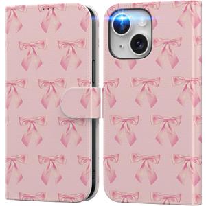DEENAKIN for iPhone 15 Wallet Case, Card Slots Holder + Cash Clip Cute Pink Bow