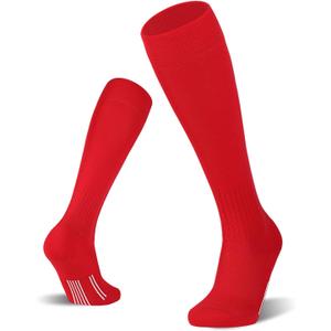 FITRELL 2/3 Pack Soccer Socks Baseball Softball For Youth Kids Boys Girls, Over-The-Calf Football Socks for Adult Men Women (Red, XS)