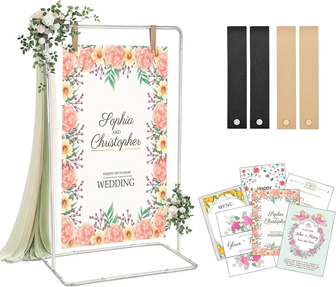 Welcome Sign Stand for Wedding - Adjustable Heavy Duty Easel w/Design Bundle & Leather Straps, Wedding Sign Stand for Welcome Signs, Seating Charts Display (White)