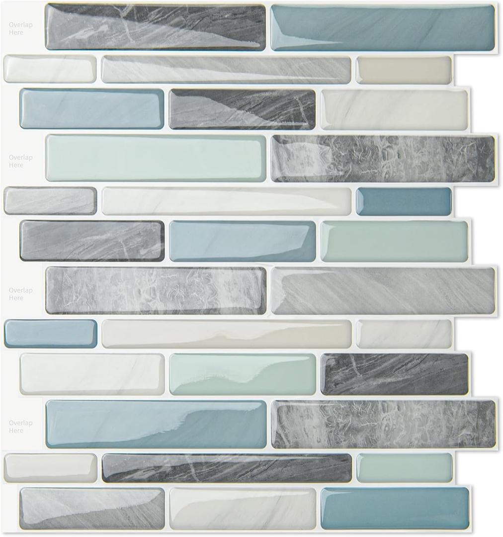 WOWSTAR 10-Sheet Peel and Stick Backsplash Tile for Kitchen, Back Splash Stick On Tiles for Kitchen Wall (Grey and Blue), 12"x 12"