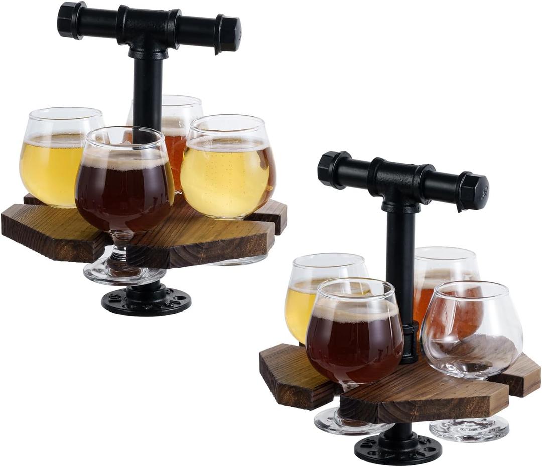 MyGift Solid Burnt Wood Serving Beer Whiskey Flight Set Tray with Industrial Black Metal Pipe Carrying Handle and 4 Small Snifter Style Tasting Beer Glasses, Set of 2 (2 Pack)