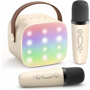 YLL Mini Karaoke Machine with 2 Wireless Microphones for Kids Adults, Portable Bluetooth Speaker Gift for Girls Toys 4, 5, 6, 7, 8, 10, 12+ Years Old Teens Birthday (Beige)