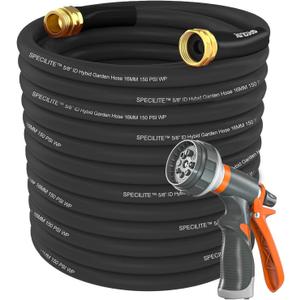 SPECILITE Garden Water Hose 200 ft x 5/8 in Heavy Duty, Flexible and Lightweight, Burst 600 psi, Kink-less Hybrid Rubber Pipe for Backyard, 3/4'' Brass Fittings, Black