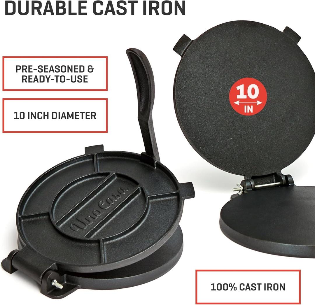 Uno Casa Cast Iron Tortilla Press 10 Inch - Tortilla Maker Press, Pre-Seasoned Roti Maker  - Heavy Duty Quesadilla Maker for Homemade Flatbreads, Rotis, Empanadas