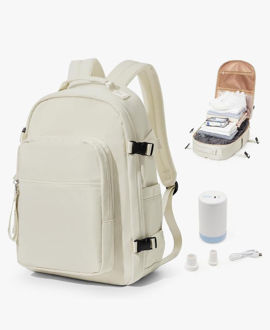 Vacuum Backpack With Pump,Travel Laptop Backpacks For Women Men,Airback Backpacks With Vacuum Compression Bags Seal Packing,Carry On Backpack, Personal Item Travel Bag Beige
