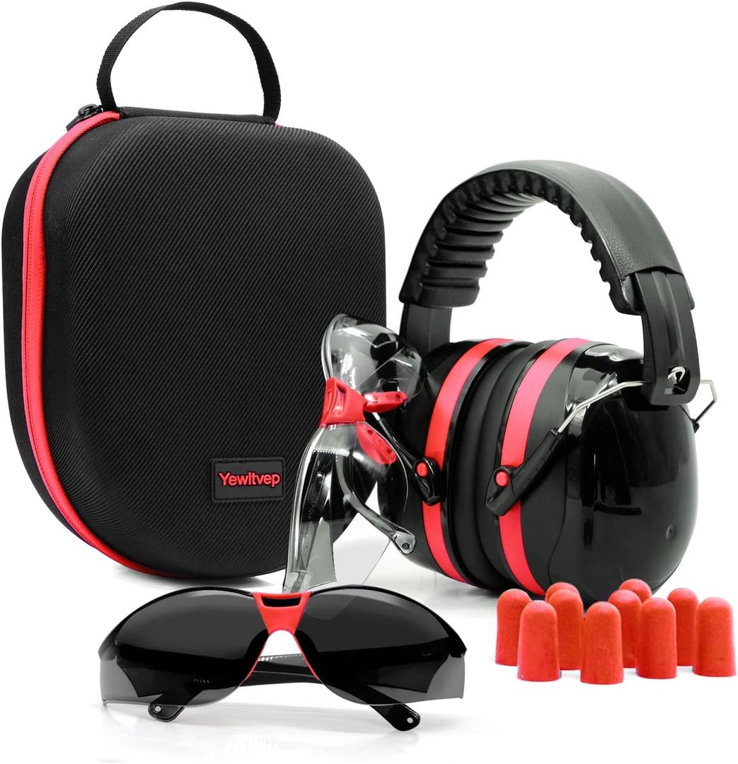 Yewltvep Shooting Ear Protection Gun Range Ear Protection with Earmuffs, Gun Safety Glasses, Earplugs, Hard Storage Case (Red)