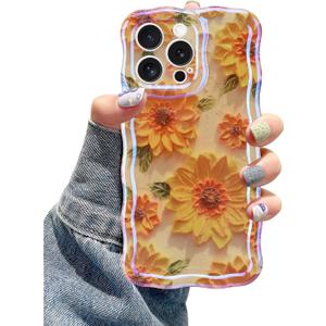 Jusy Compatible with iPhone 11 Pro Max, Colorful Retro Oil Painting Printed Flower Laser Glossy Pattern Cute Curly Wave Phone Case Soft TPU Cover for Girly Women - Sunflower