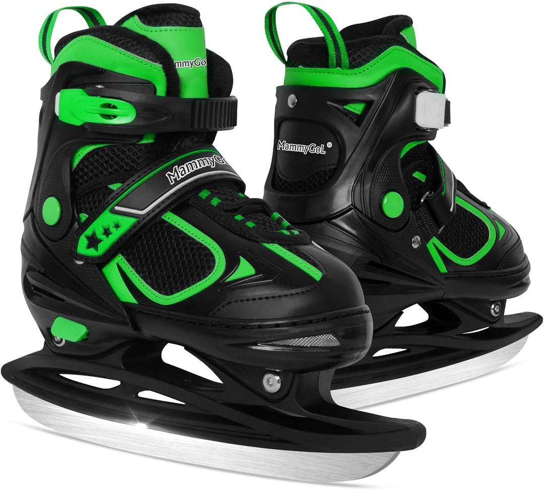 MammyGol Adjustable Ice Skates for Kids Youth Tean Hockey Lace-Up Boys or Girls Ice Skate for Beginner Blue Black Teal Green (Large(5-8 US))