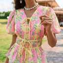Cicy Bell Summer Babydoll Peplum Tops V Neck Puff Sleeve Bow Floral Shirts (Pink, M)
