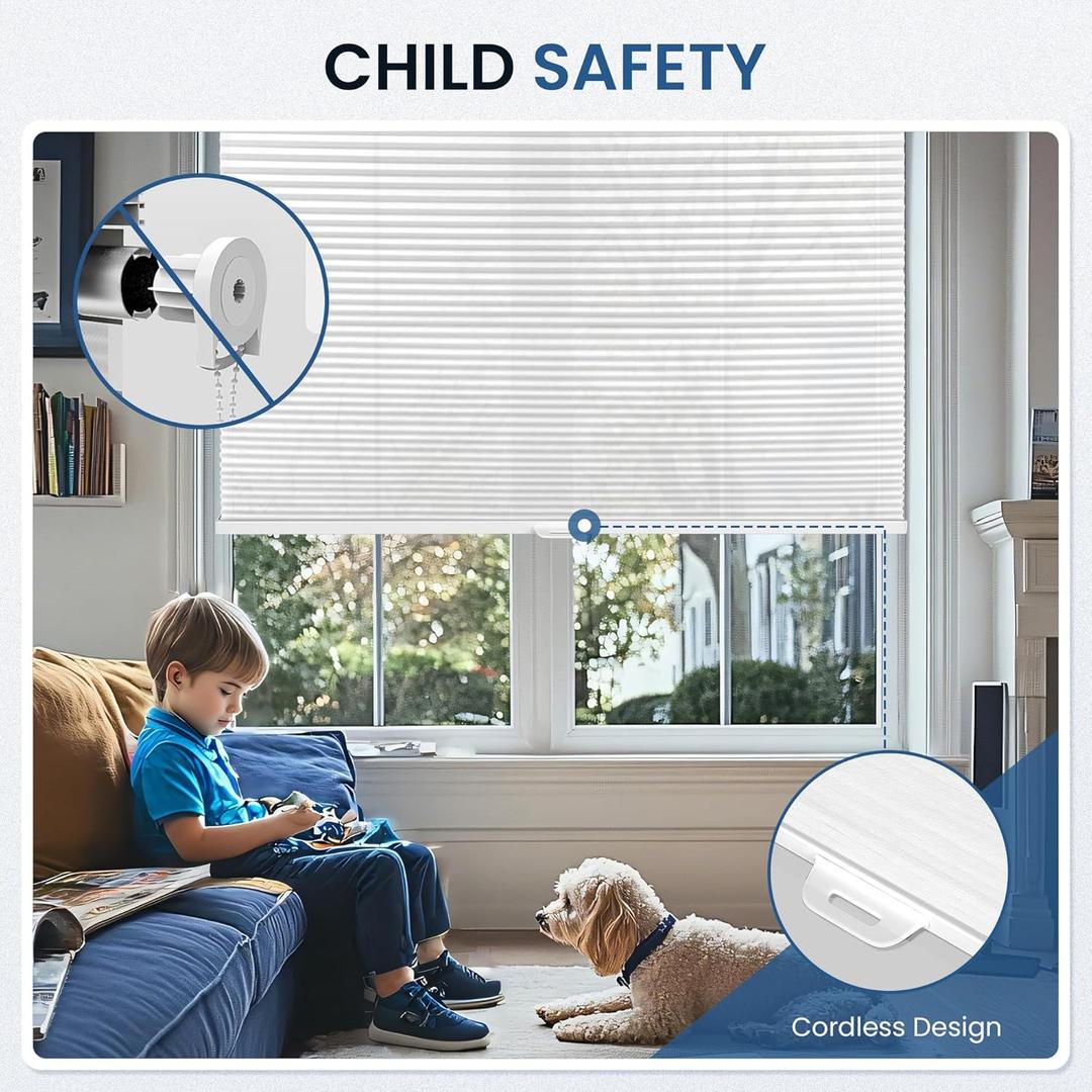 Grandekor No Tools No Drill Cordless Cellular Shades,29" W x 64" H,Light Filtering Honeycomb Blinds for Indoor Windows,UV Protection Privacy No Drill Blinds for Home,Door,White