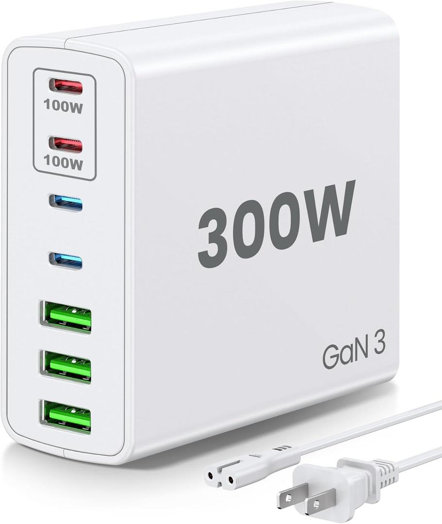 USB C 300W Fast Charging Station  7-Port Hub with Dual 100W PD Ports for MacBook Pro, Dell, HP, iPad, iPhone, Samsung Galaxy, Android Devices  Universal Power Adapter for Laptops, Tablets, Phones (White)