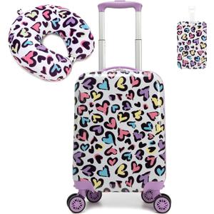 Kid's Luggage Set 2 Piece Suitcase Set Hardside Luggage with Spinner Wheels Girls Carry on Toddler Travel Rolling Suitcase with Neck Pillow Airline Approved