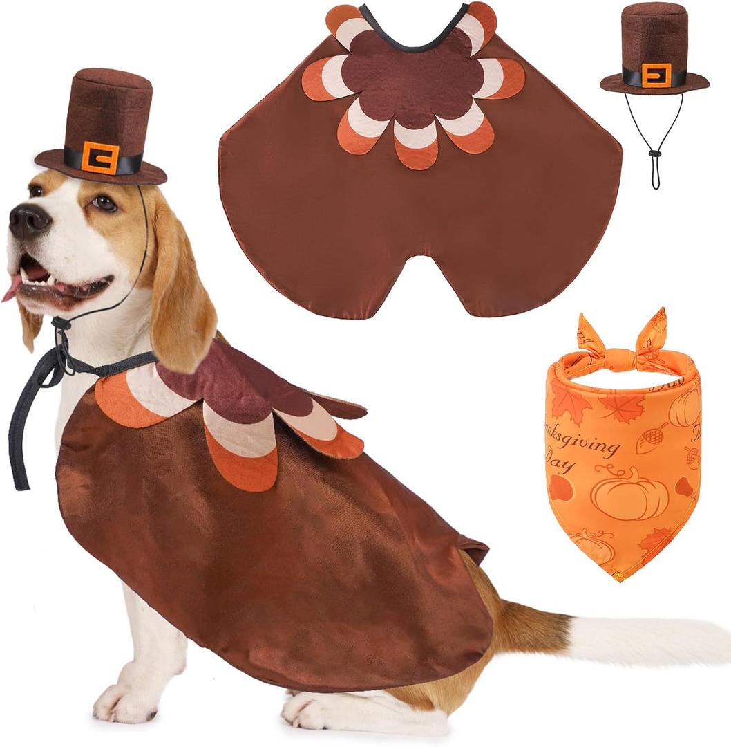 SCENEREAL Thanksgiving Dog Costume, Puppy Bandana Cloak and Hat Set with Pumpkin Maple Leaf Pattern, Funny Pet Holiday Turkey Outfits Clothes for Small Medium Dogs Boys Girls Cats