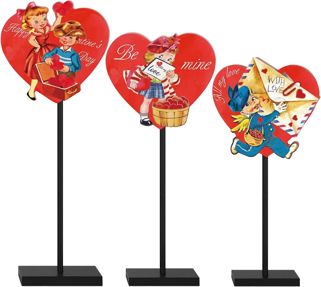 Spiareal 3 Pcs Valentines Day Heart Wooden Sign on Stand Heart Shape Tall Standing Table Signs Love Farmhouse Decorations for Valentines Day Table Party Centerpiece(Red,Vintage)