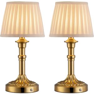 KDG Cordless Portables Table Lamp Set of 2, LED Fabric Shade Small Desk Lamps, 5000mAh Battery Powered Lighting, 2700K Step less Dimmable Light for Living Room, Dining Room, Bedroom, Bedside (Gold)