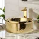 Bathroom Vessel Sink 15 Inch Gold Ceramic Vessel Sink with Waterfall Faucet and Pop-Up Drain Combo,Above Counter Round Bathroom Sink Bowl,Sink for Bathroom