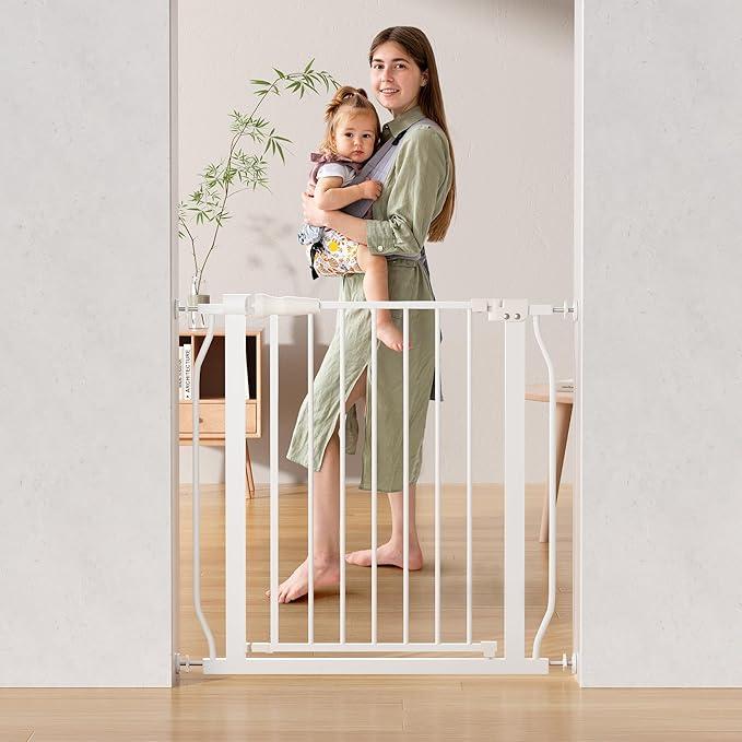 Baby Gate for Stairs Doorways, Safety Pet Gate with Auto-Close/Hold-Open Features, Fits Openings 29.1” to 33.8”, 30” Tall, Easy Pressure Mounted Walk Through Baby Dog Gate, White
