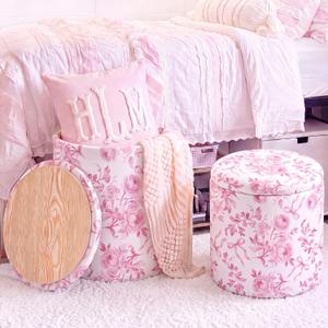 Geetery 2 Pcs Dorm Ottoman with Storage Pink Bow Floral Round Ottoman, Small