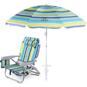 Nice C Beach Chair with Umbrella, Backpack Stripe Beach Chair for Adults, Sand Chair, High Back, with Cooler, Cup Holder & Heavy Duty (Set of 1), Regular