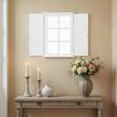 Rustic White Window Mirror with Shutters 16 X 24 Inch, Hanging Farmhouse Wood Frame Rectangle Window Pane Mirror for Wall Decor Living Room Entryway, Door Handles with a Distressed Finish