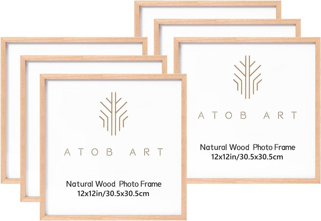 ATOBART 12x12 Picture Frames Solid Wood, 6 Pack OAK Photo Frame Set, Natural Wood Color Frames, for Wall Mounting Display