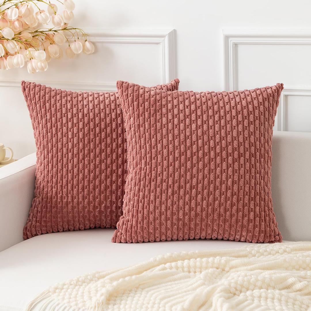 Kevin Textile Throw Pillow Covers Soft Corduroy Decorative Set of 2 Valentines Day Boho Striped Pillow Covers Pillowcases Farmhouse Home Decor for Couch Bed Sofa Living Room 16x16 Inch Blush Pink