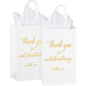 DjinnGlory 50 Pack Small-Size Gold Foil 'Thank You for Celebrating with Us' Paper Gift Bags with White Tissue Paper for Wedding Bridal Shower Parties, Wecome Gift Bags, 9 x5.5x3.15 Inch