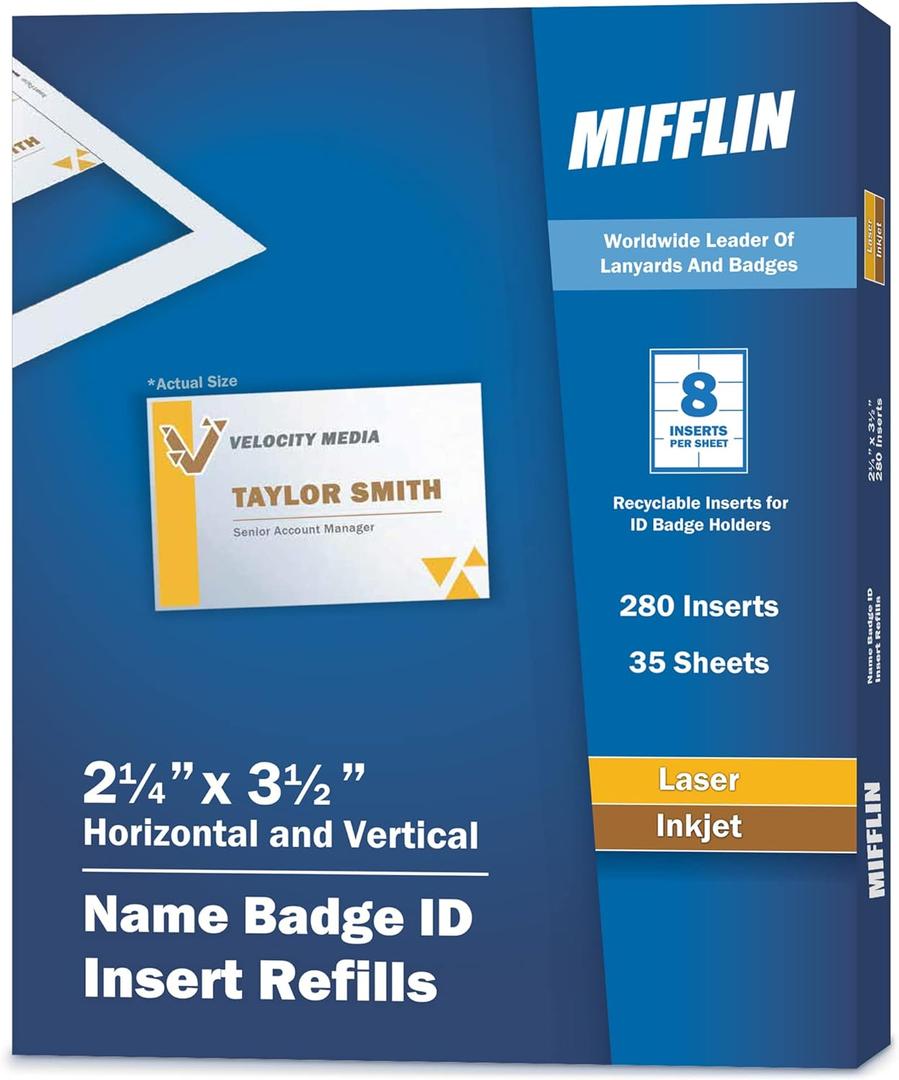 Mifflin-USA Name Badge Inserts, 2.25x3.5 or 3.5x2.25 (280 Cardstock Refills, 35 Sheets), Compatible With Inkjet, Laser Printer, and Printable Badge Inserts
