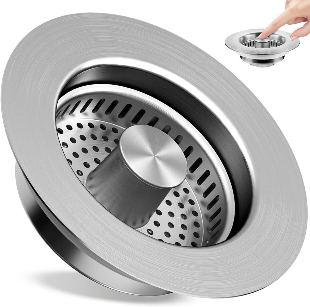 Kitchen Sink Drain Strainer 3 in 1, 304 Stainless Steel Pop Up Sink Stopper, Anti-Clogging Sink Drain Strainer for US Standard Kitchen Drain (SUS304 Brushed)