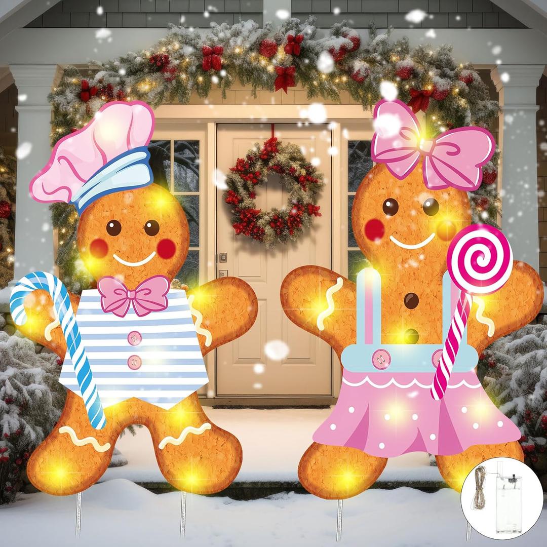 2 Pcs Christmas Decorations Outdoor Large Chef Gingerbread Metal Yard Stakes with LED String Lights Cooking Gingerbread Man Yard Sign for Xmas Lawn Garden Front Door (Modern,Pink)