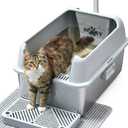 Stainless Steel Litter Box XL, Extra Large High Sided Litter Box with Handles for Big Cats, Anti-Urine Leakage Metal Cat Litter Box, Easy-Clean, Non-Stick, Includes Scoop and Mat