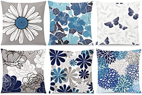 COMMINY Blue Grey Pillow Covers 20x20 Set of 6 Decorative Daisy Flower Throw Pillow Cover for Couch Modern Farmhouse Cushion Cover for Living Room Bed Patio Home Decor