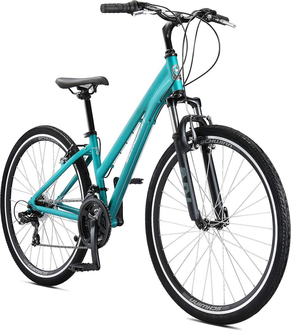 Schwinn Network 3.5 Hybrid Bike, Mens and Womens Bike, 21-Speed Hybrid Bicycle, Aluminum Frame, Suspension Seat, Alloy Linear Pull Brakes, Adult Bicycle, 15-Inch Frame