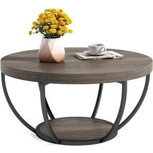 LITTLE TREE Round Coffee Table, 32" Circle Coffee Table for Living Room, 2-Tier Wood Accent Center Table with Open Storage Industrial Design Home Furniture (Grey and Black)