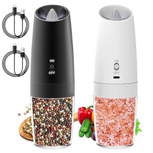 QTDHG Electric Salt and Pepper Grinder Set Rechargeable Gravity Pepper and Salt Mill Grinder Set Type-C Fast Charging, Adjustable Coarseness, Large Capacity with LED Light (Black White-2pcs)