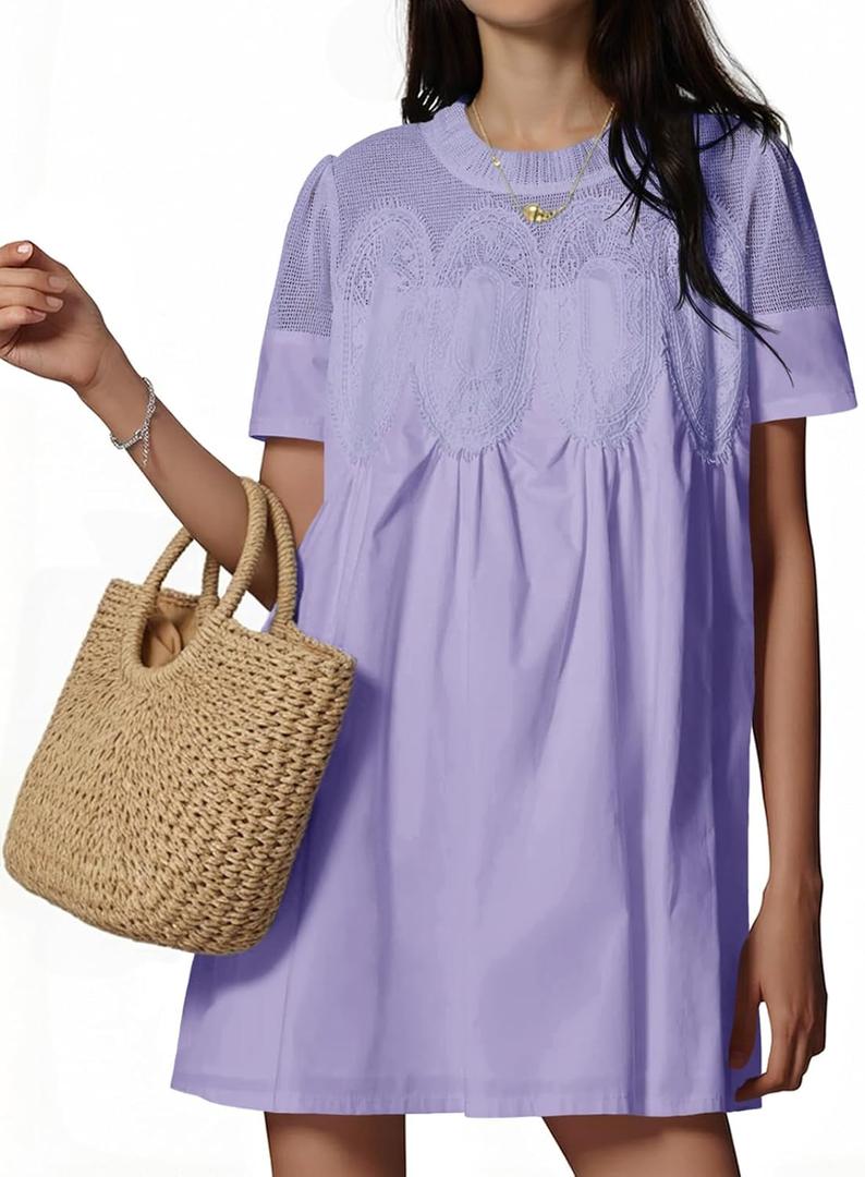 Wenrine Womens Lace Mini Dress Summer Short Sleeve Crewneck Sheer Mesh Casual Loose Ruffle Babydoll Dresses (Large, Light Purple)