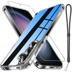 Janmitta Compatible with Samsung Galaxy S24/S25 Case with Screen Protector Tempered Glass,Slim Fit Thin Transparent Rugged Tough Hard Cover with Wrist Strap Lanyard,2025 Crystal Clear